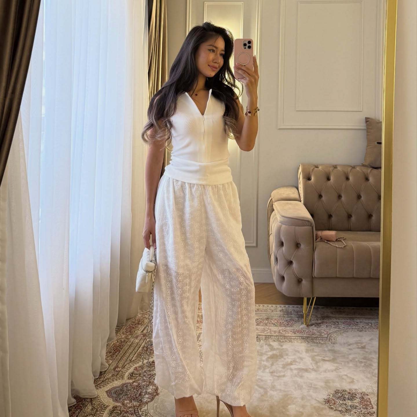 French Jacquard Wide-Leg Cropped Pants