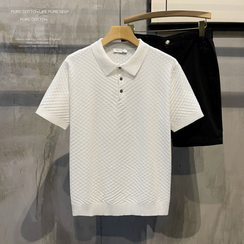 Light Luxury Plaid Fashion Ice Silk Breathable Men's Polo Shirt, High-End Casual Comfortable Turn-Down Collar Short-Sleeve T-Shirt Top for Men