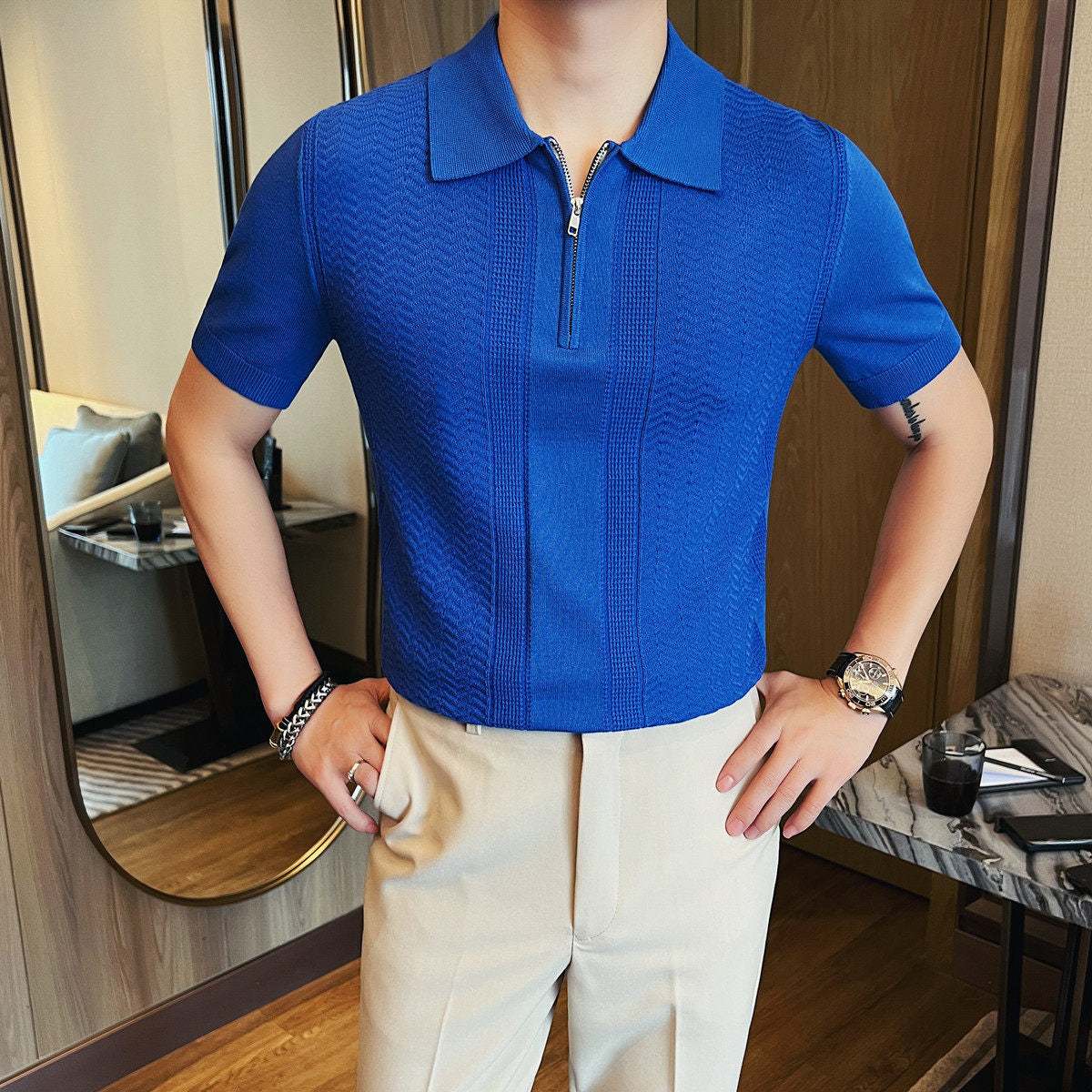 Men Slim Fit Jacquard Half Zip Polo Shirt