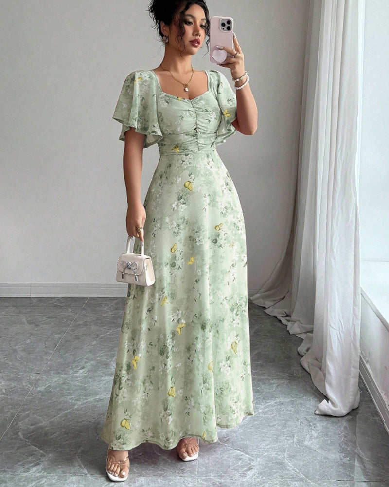 Floral Print Chiffon Dress with Lotus Sleeves