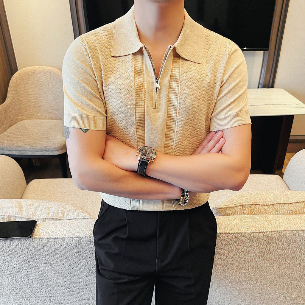 Men Slim Fit Jacquard Half Zip Polo Shirt