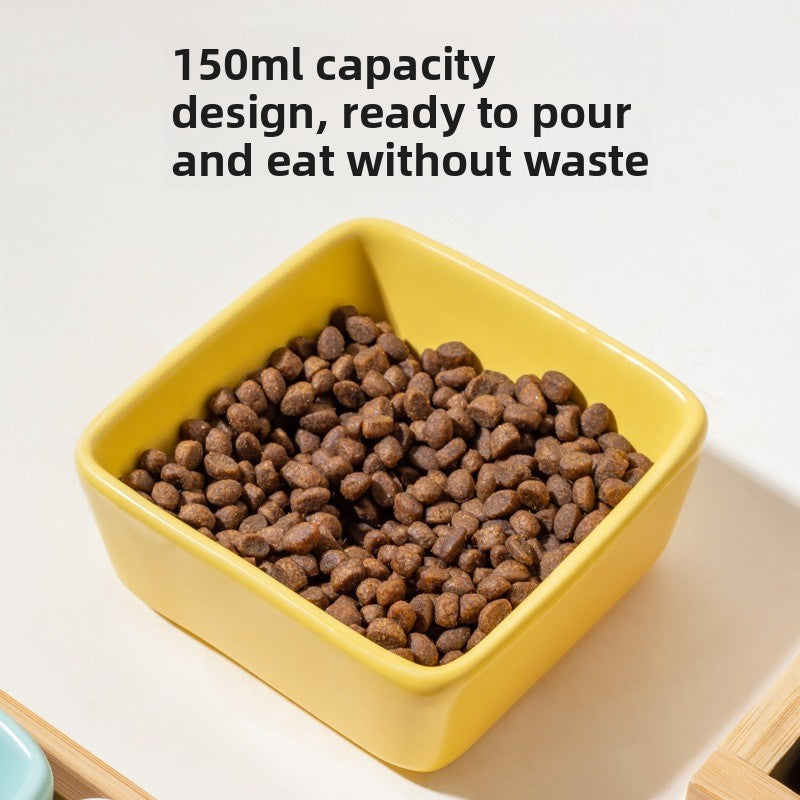Square Ceramic Pet Bowl with Wooden Tray