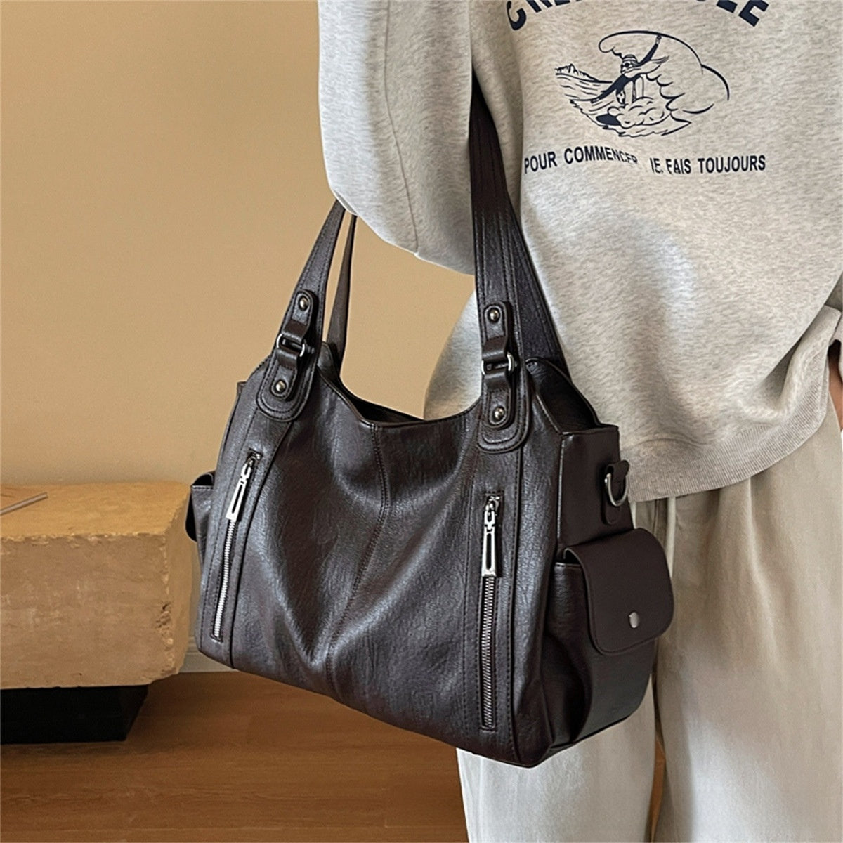 Retro PU Leather Tote Bag with Adjustable Strap
