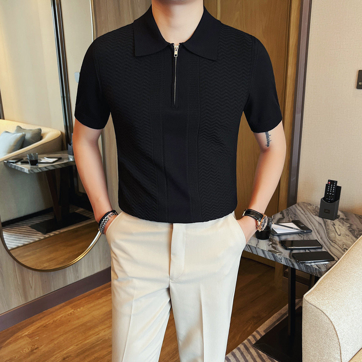 Men Slim Fit Jacquard Half Zip Polo Shirt