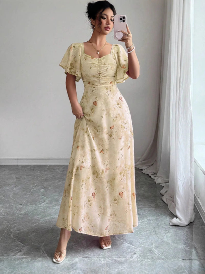 Floral Print Chiffon Dress with Lotus Sleeves