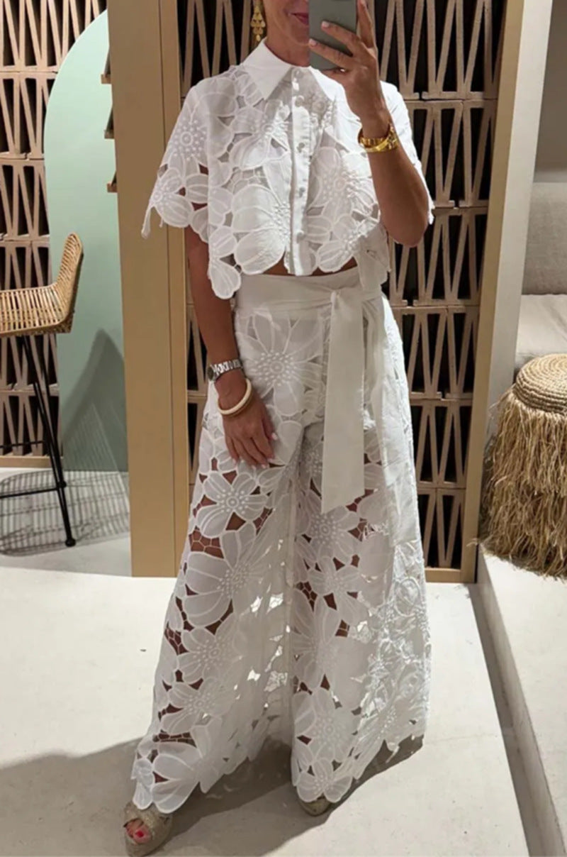 Open-necked sweater, wide-leg pants set