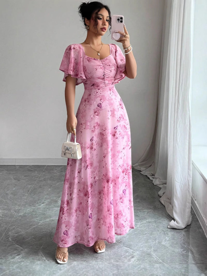 Floral Print Chiffon Dress with Lotus Sleeves