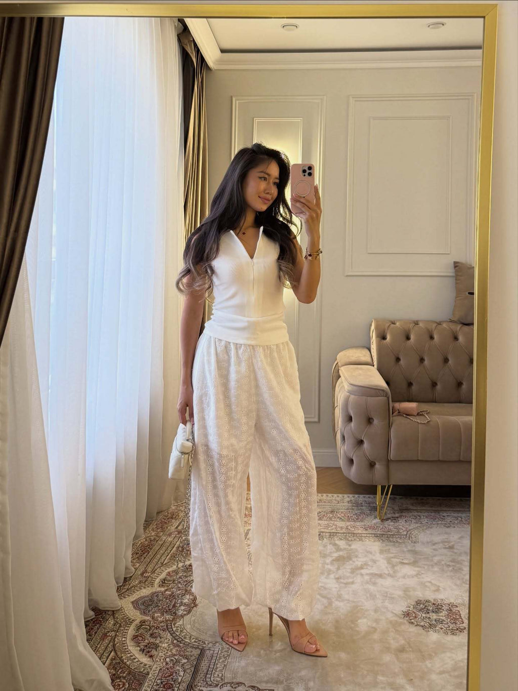 French Jacquard Wide-Leg Cropped Pants