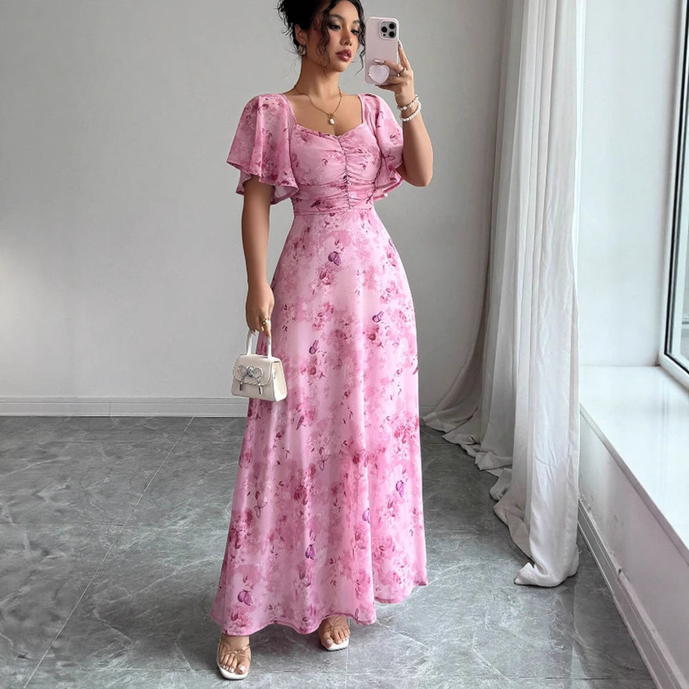 Floral Print Chiffon Dress with Lotus Sleeves