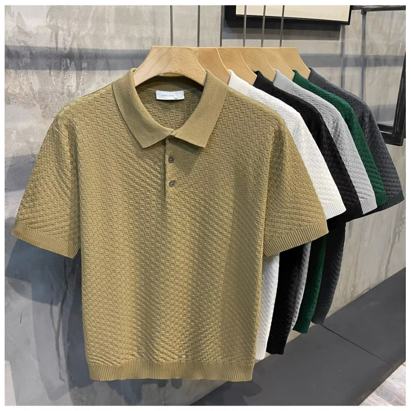 Light Luxury Plaid Fashion Ice Silk Breathable Men's Polo Shirt, High-End Casual Comfortable Turn-Down Collar Short-Sleeve T-Shirt Top for Men