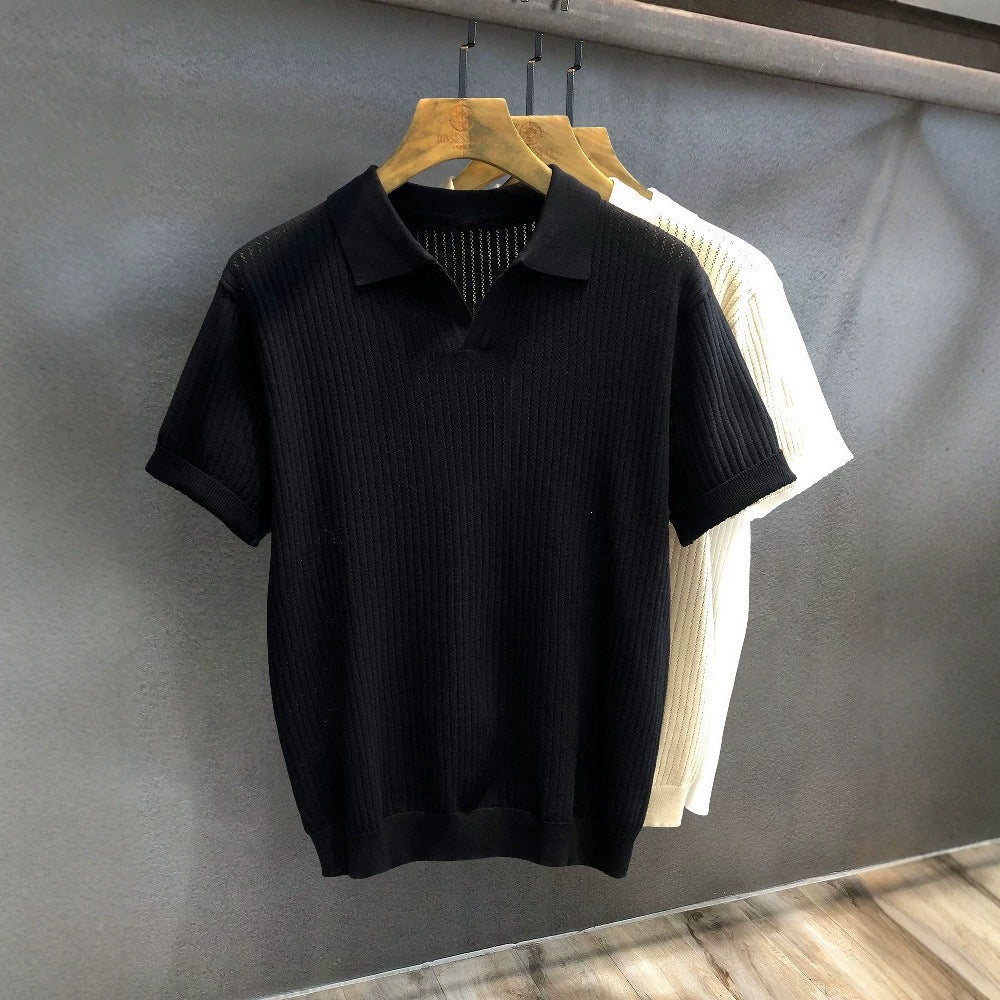 Mens Ice Silk Hollow Pattern Short Sleeve Polo Shirt