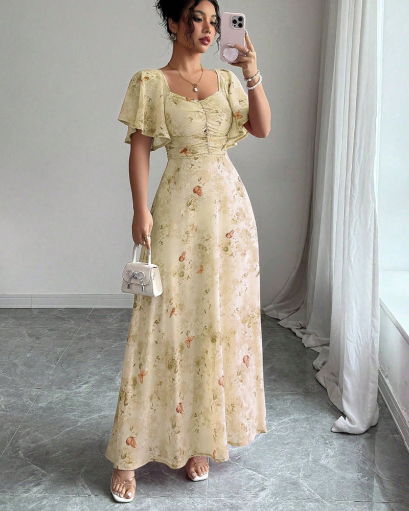 Floral Print Chiffon Dress with Lotus Sleeves
