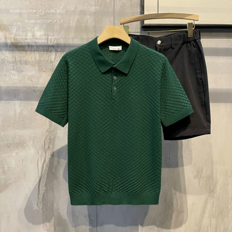 Light Luxury Plaid Fashion Ice Silk Breathable Men's Polo Shirt, High-End Casual Comfortable Turn-Down Collar Short-Sleeve T-Shirt Top for Men
