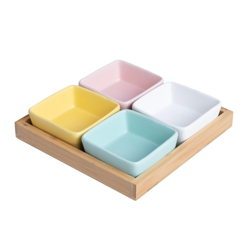 Square Ceramic Pet Bowl with Wooden Tray