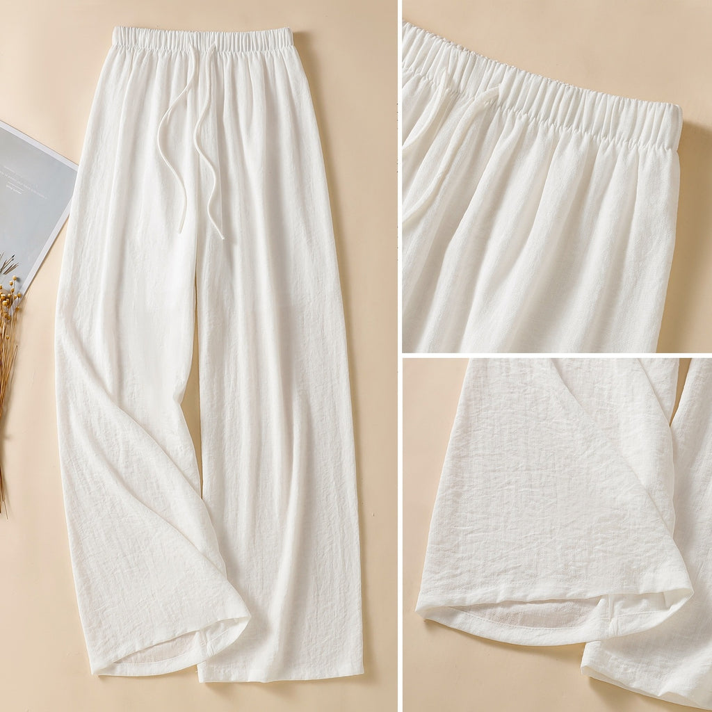 Womens Linen Loose Wide Leg Pants High Waist Straight Trousers Summer