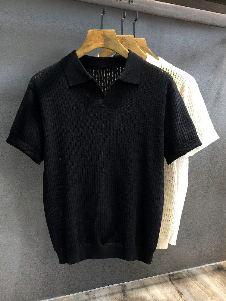 Mens Ice Silk Hollow Pattern Short Sleeve Polo Shirt