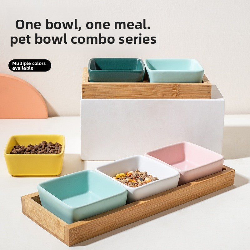 Square Ceramic Pet Bowl with Wooden Tray