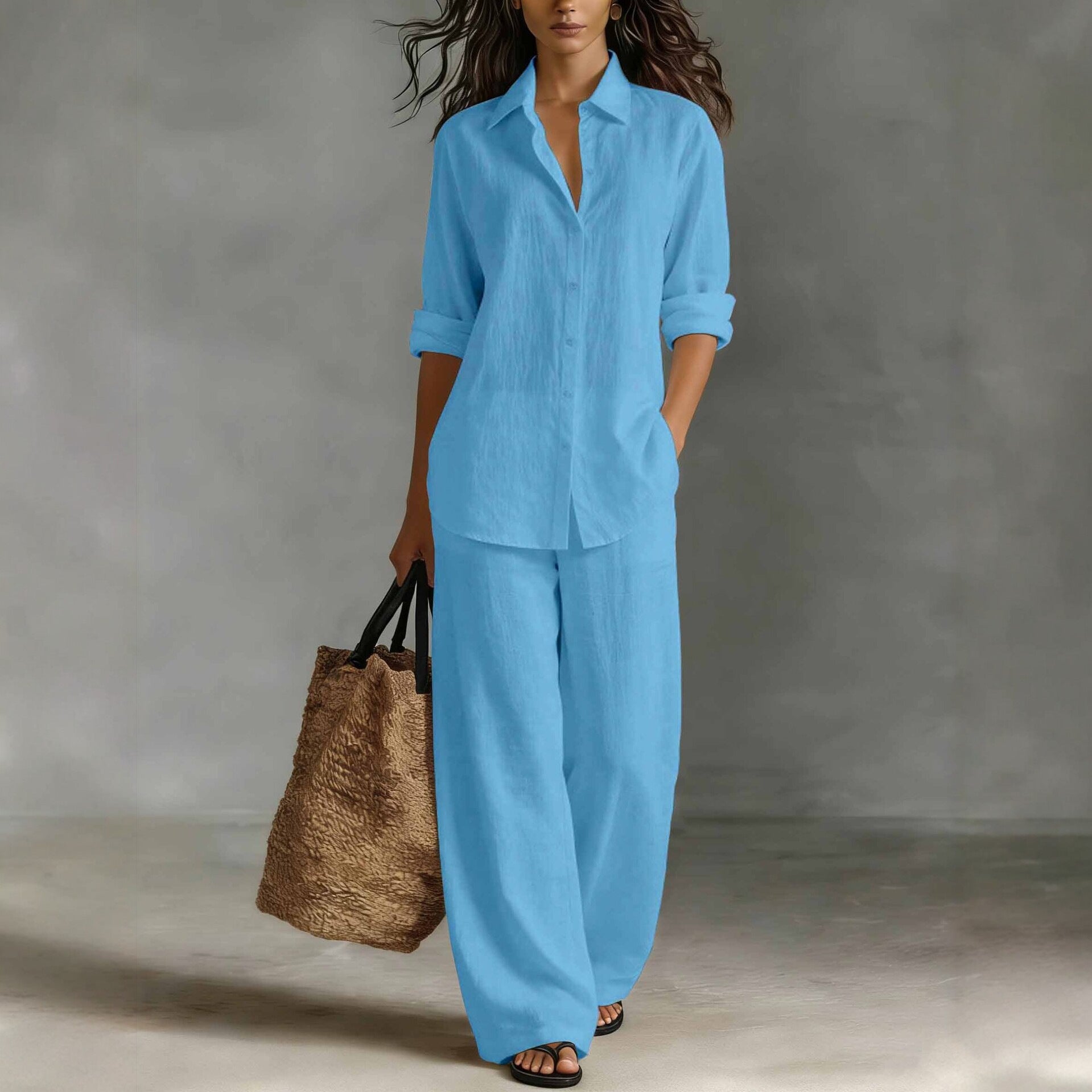 Women Casual Cotton Linen Shirt Pants Set