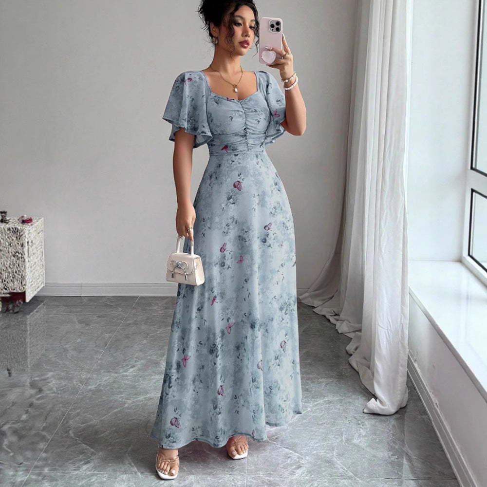 Floral Print Chiffon Dress with Lotus Sleeves