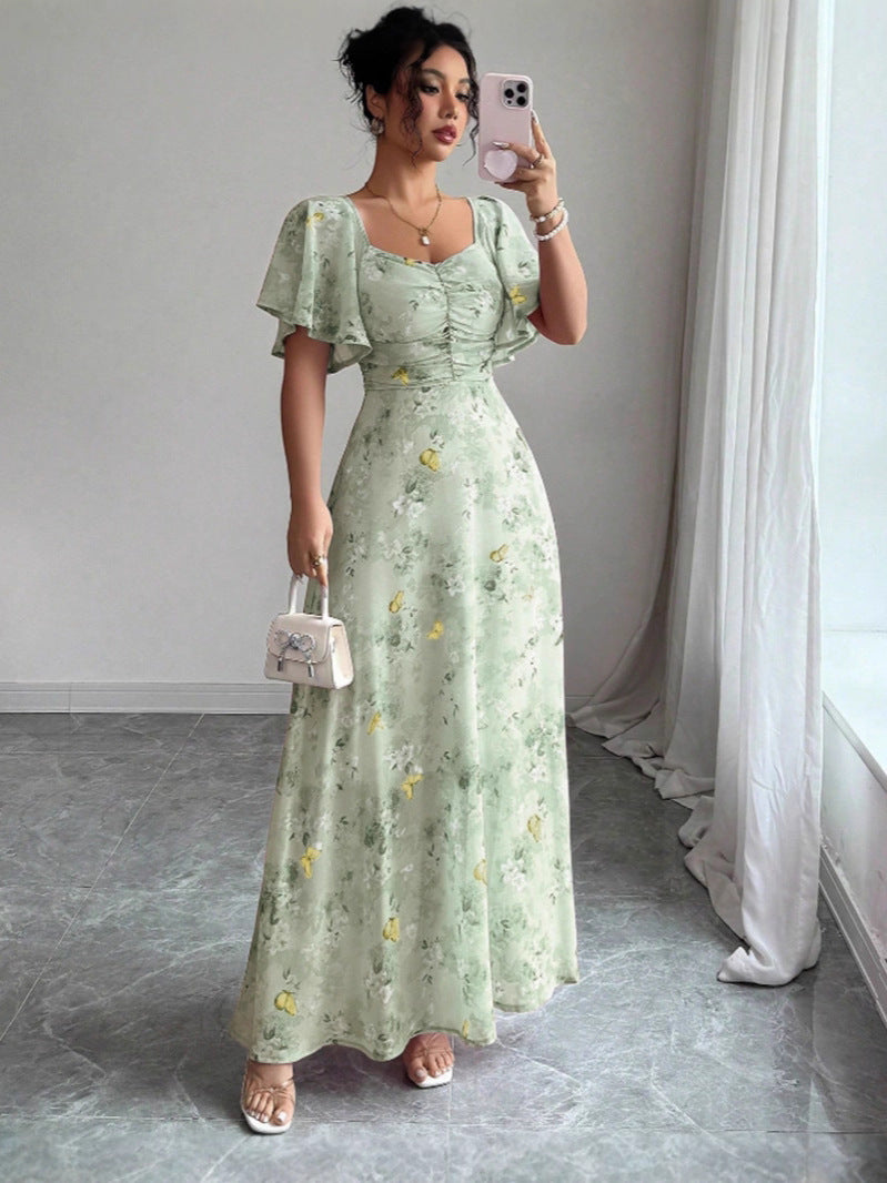 Floral Print Chiffon Dress with Lotus Sleeves