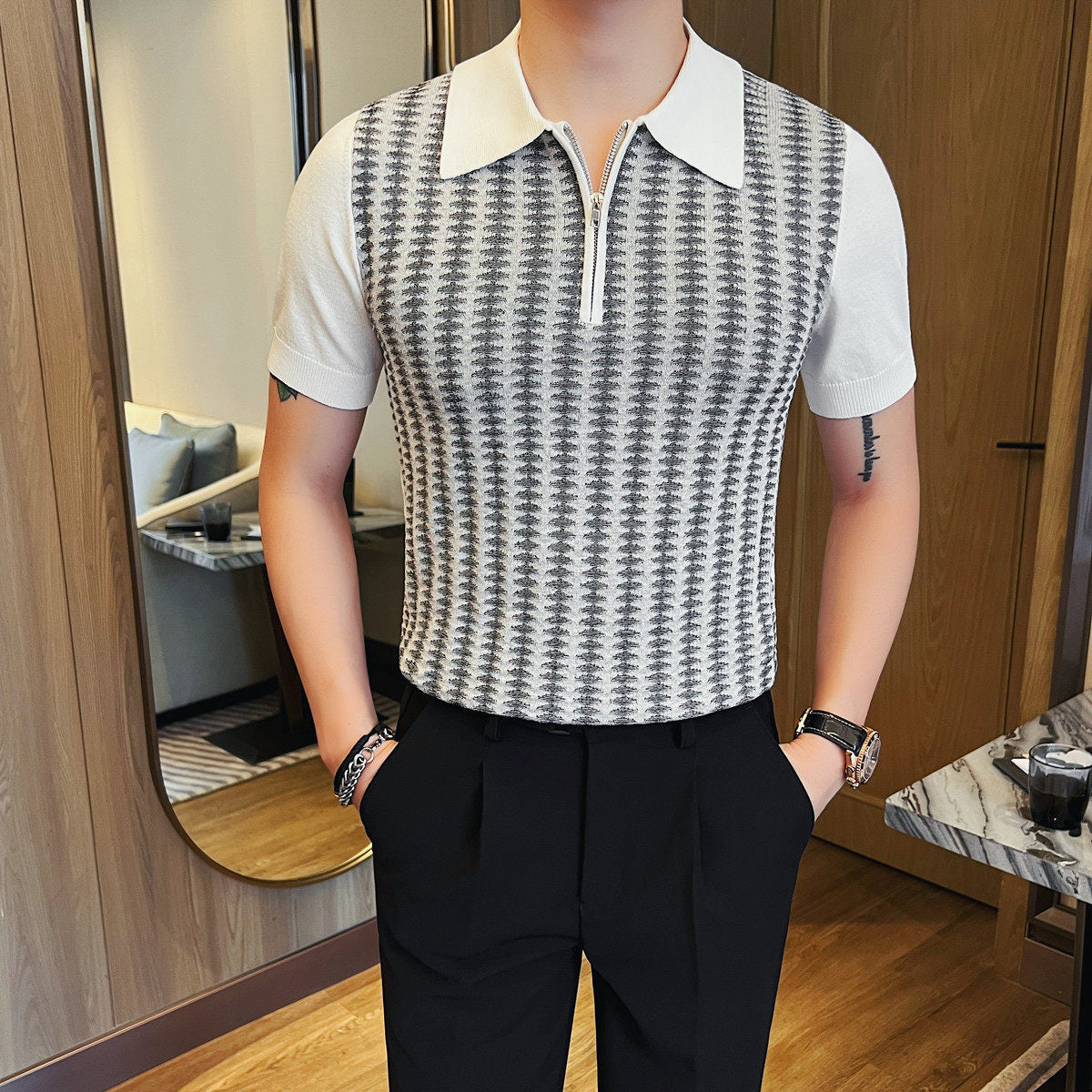 Men Slim Fit Jacquard Half Zip Polo Shirt