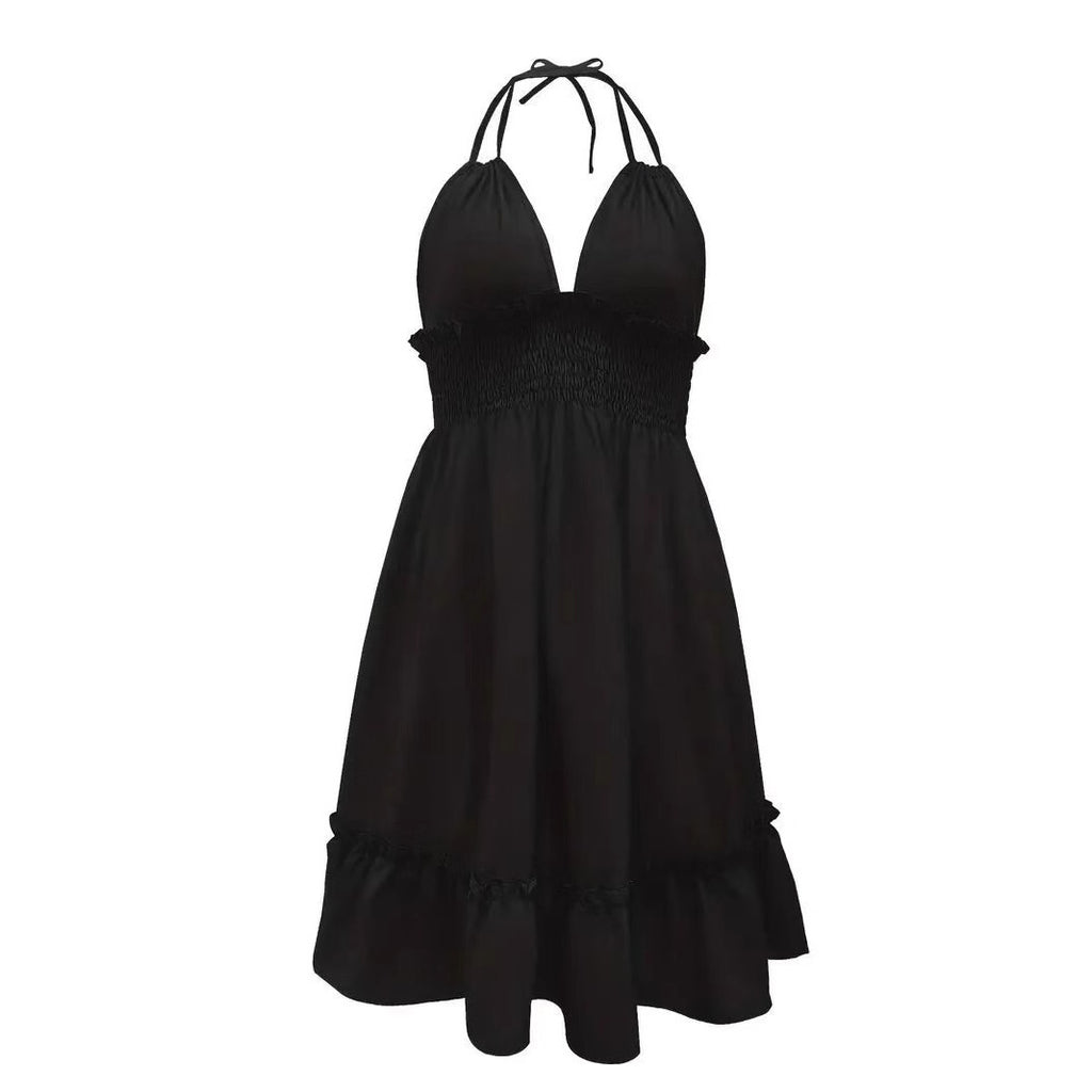 Womens Deep V Neck Rope Strap Pleated Dress