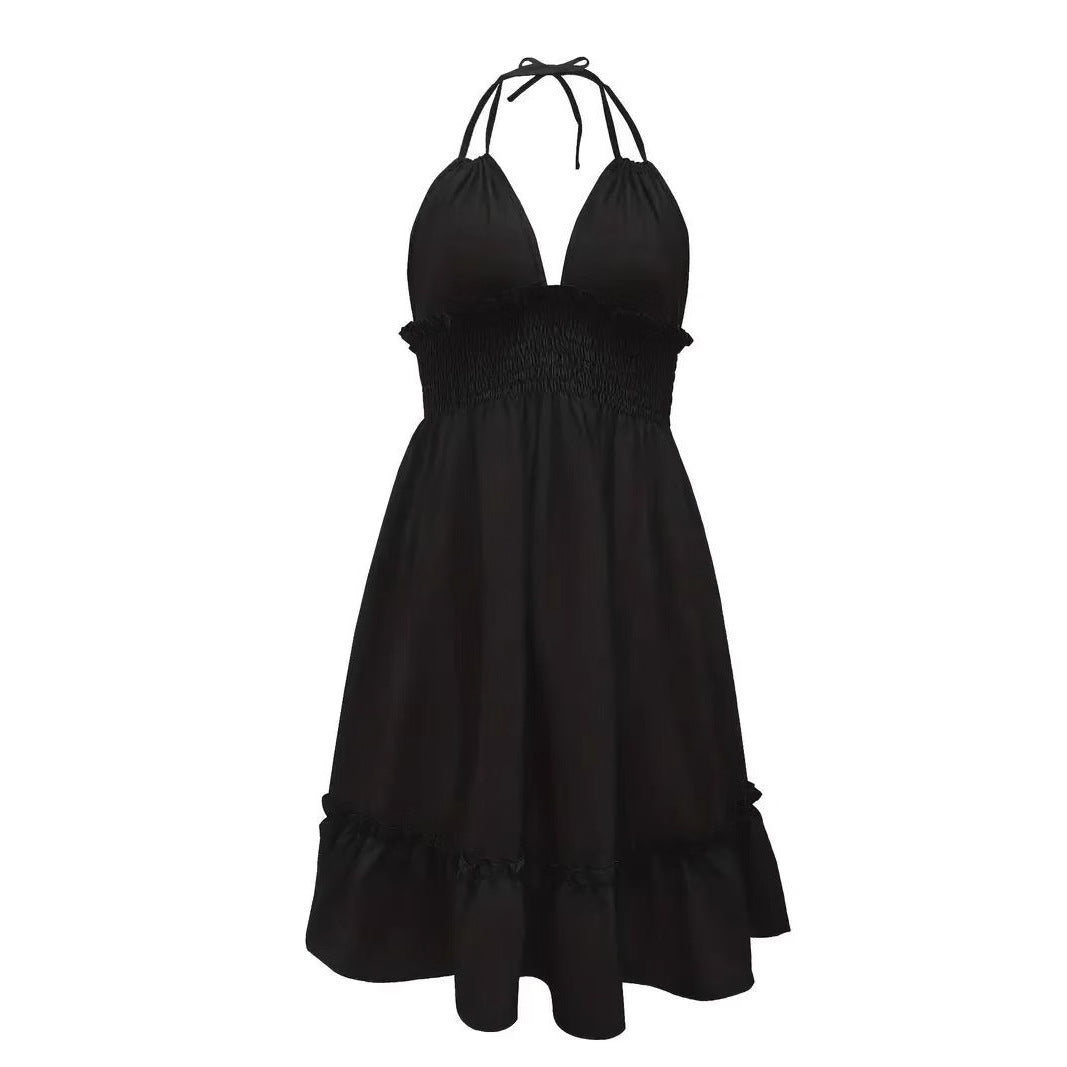 Womens Deep V Neck Rope Strap Pleated Dress