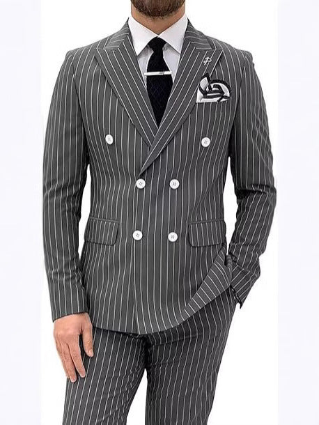 Mens Double Breasted Slim Fit Suit Two Piece Set