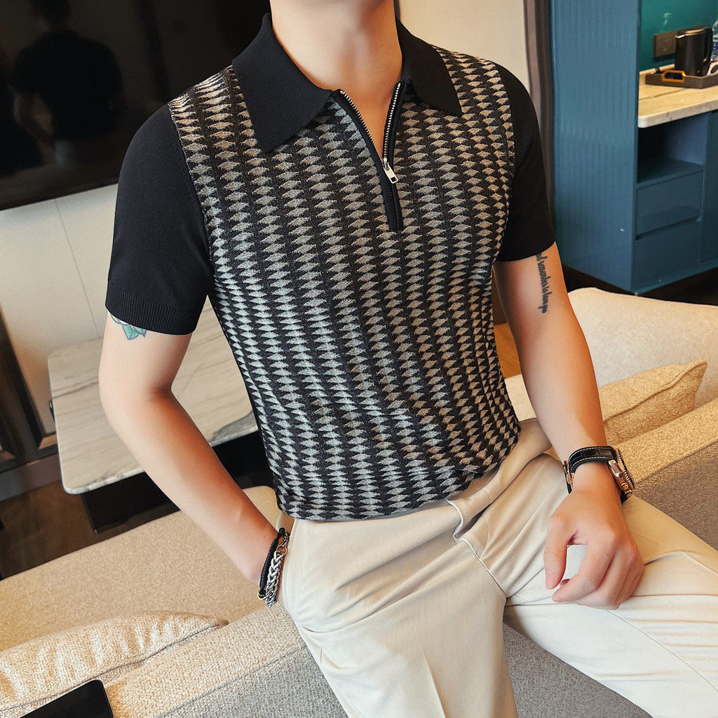 Men Slim Fit Jacquard Half Zip Polo Shirt