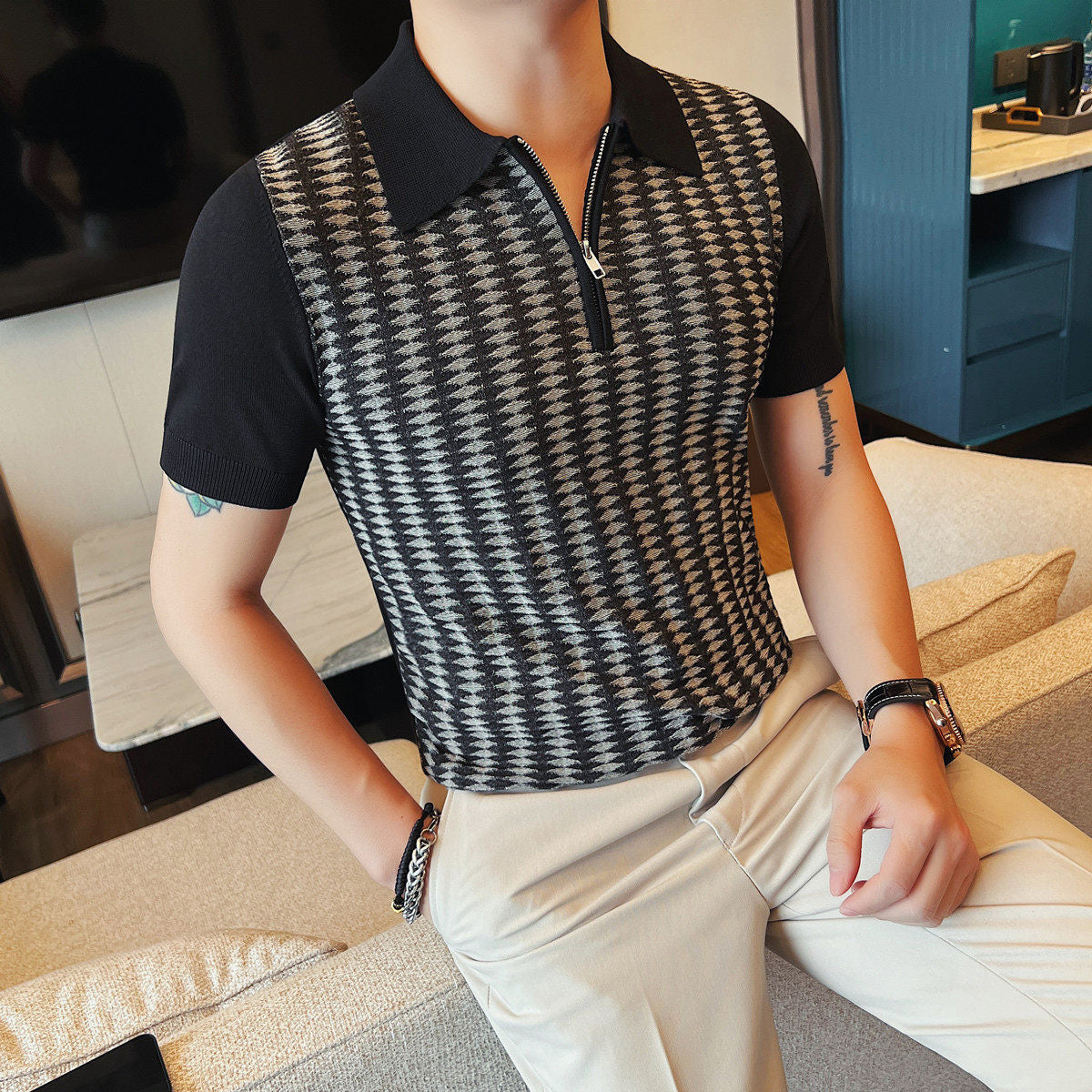 Men Slim Fit Jacquard Half Zip Polo Shirt