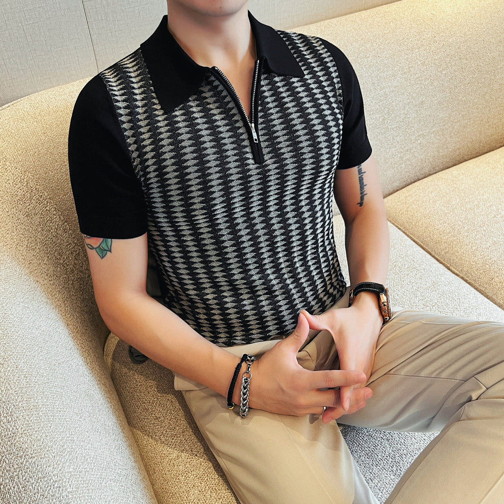 Men Slim Fit Jacquard Half Zip Polo Shirt