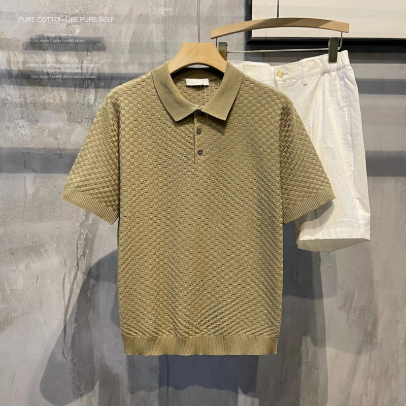 Light Luxury Plaid Fashion Ice Silk Breathable Men's Polo Shirt, High-End Casual Comfortable Turn-Down Collar Short-Sleeve T-Shirt Top for Men