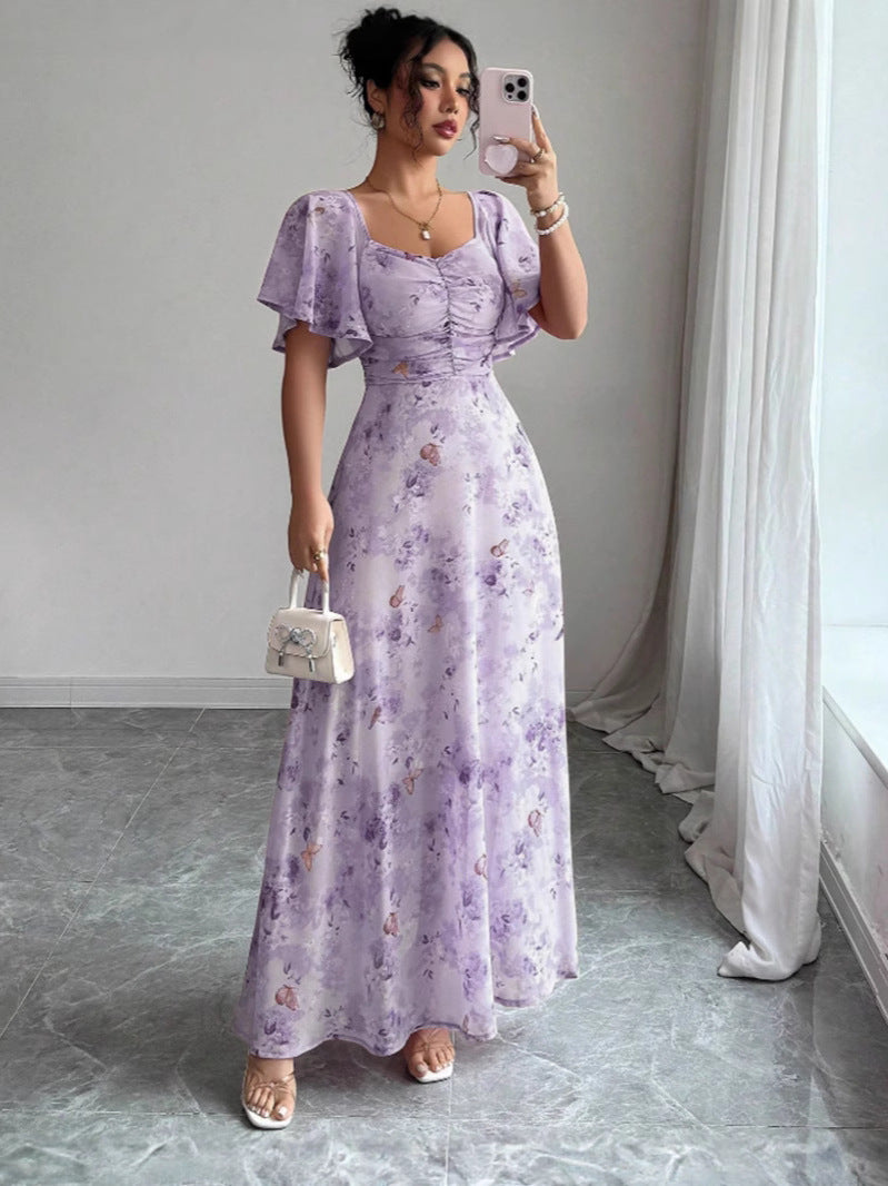 Floral Print Chiffon Dress with Lotus Sleeves