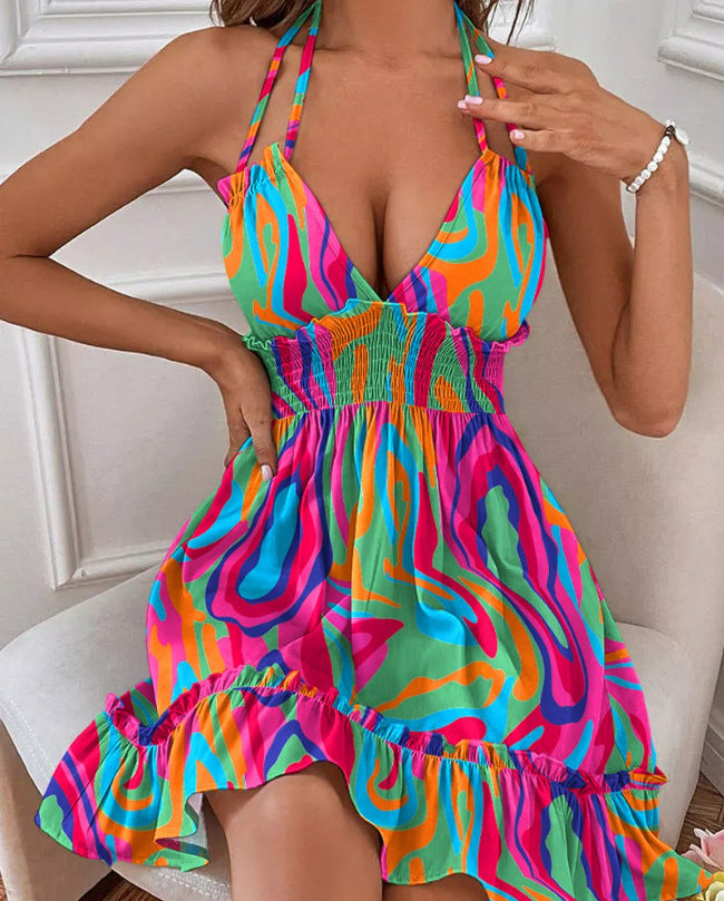 Womens Deep V Neck Rope Strap Pleated Dress