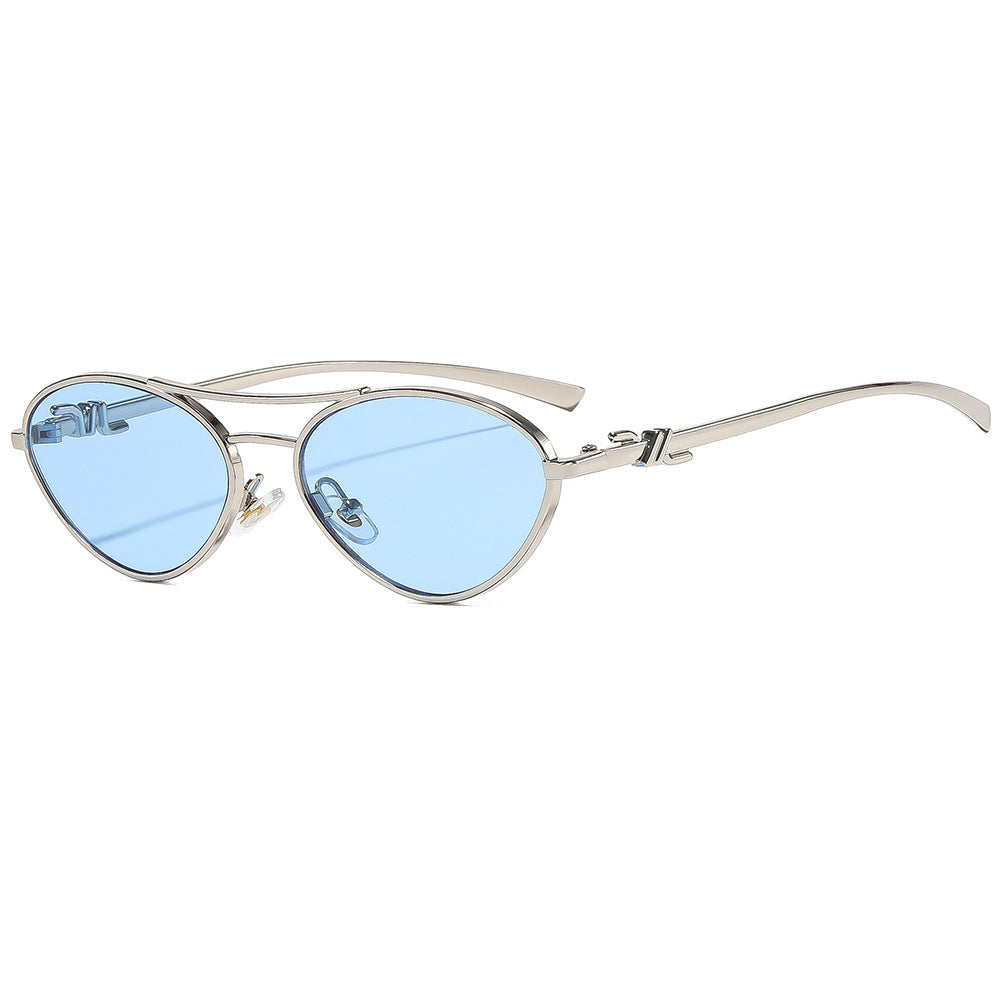 Metal double-bridge triangular sunglasses