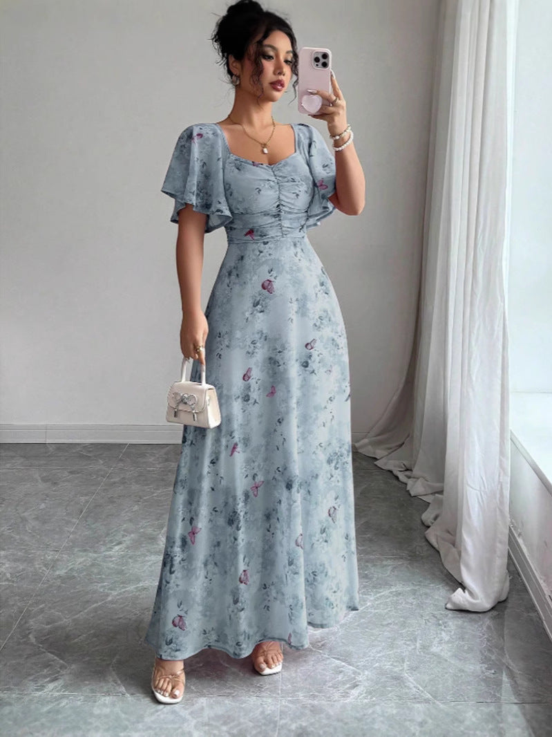 Floral Print Chiffon Dress with Lotus Sleeves