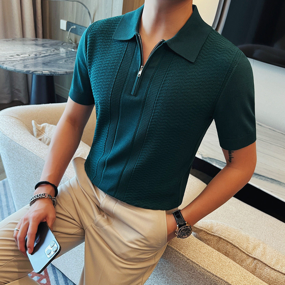 Men Slim Fit Jacquard Half Zip Polo Shirt
