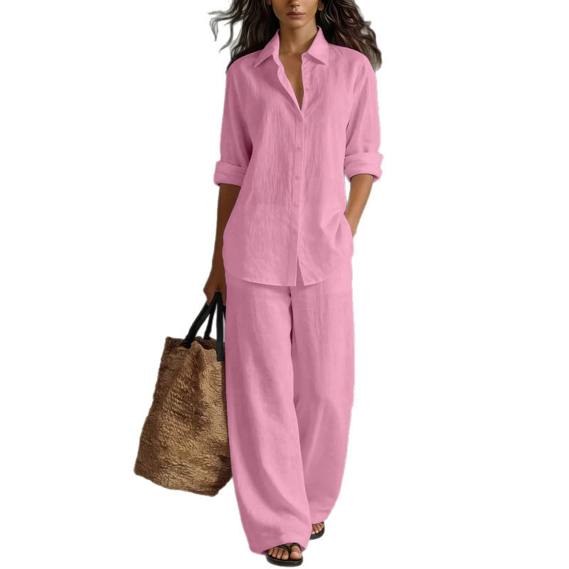 Women Casual Cotton Linen Shirt Pants Set