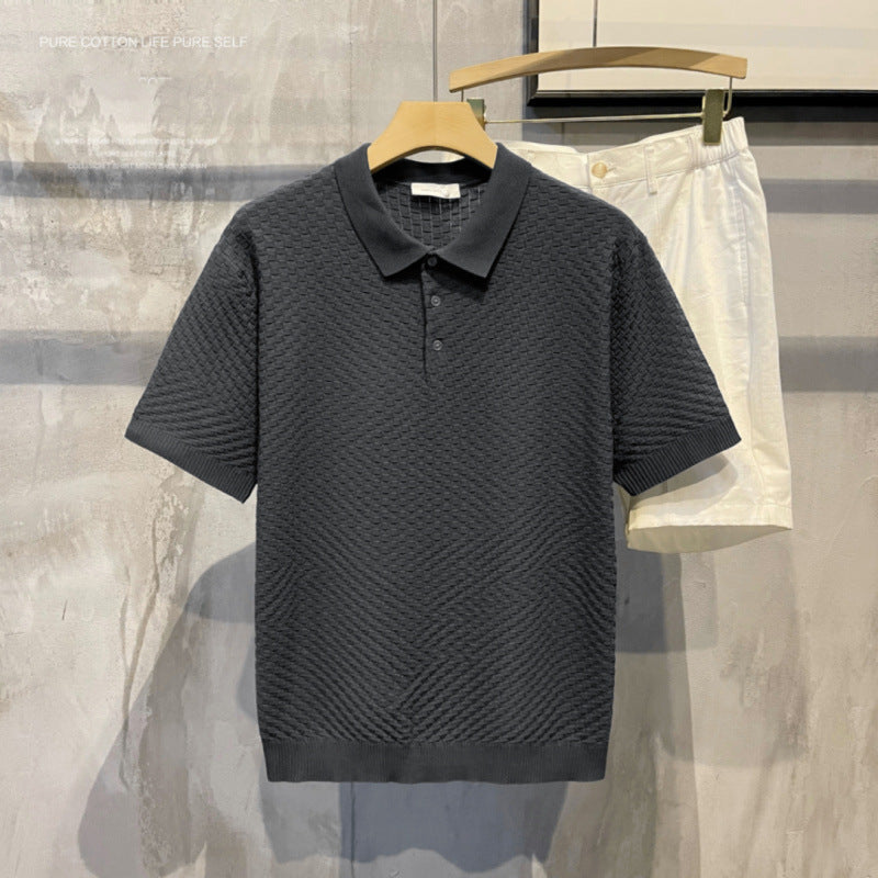 Light Luxury Plaid Fashion Ice Silk Breathable Men's Polo Shirt, High-End Casual Comfortable Turn-Down Collar Short-Sleeve T-Shirt Top for Men