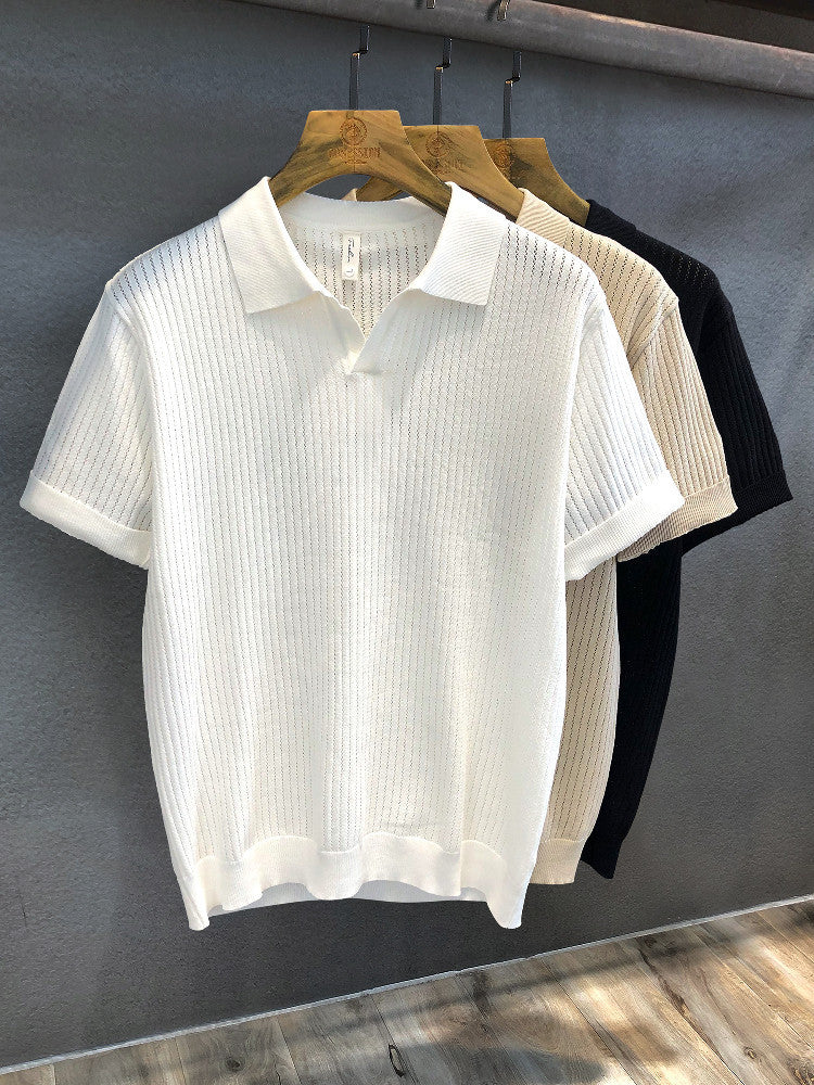 Mens Ice Silk Hollow Pattern Short Sleeve Polo Shirt