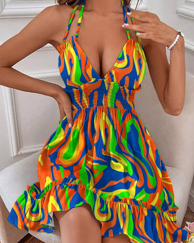 Womens Deep V Neck Rope Strap Pleated Dress