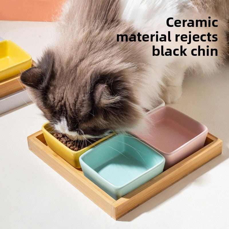 Square Ceramic Pet Bowl with Wooden Tray