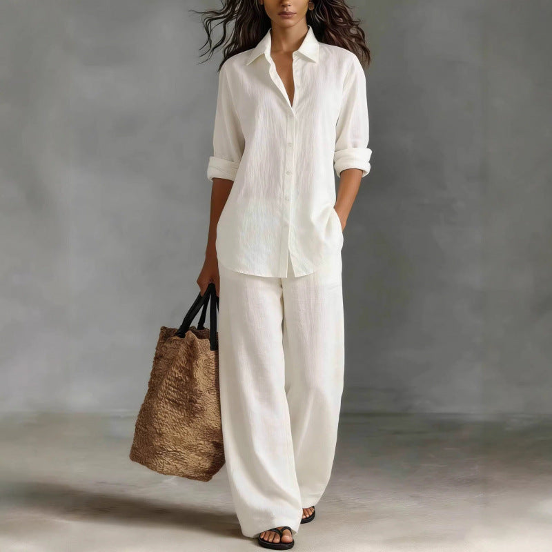 Women Casual Cotton Linen Shirt Pants Set
