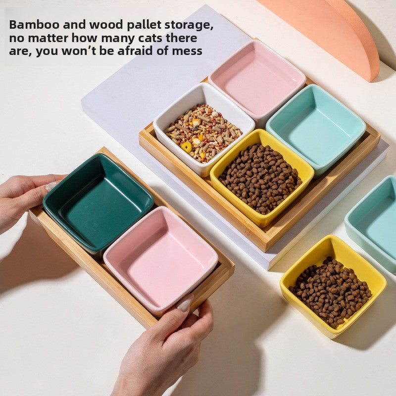 Square Ceramic Pet Bowl with Wooden Tray