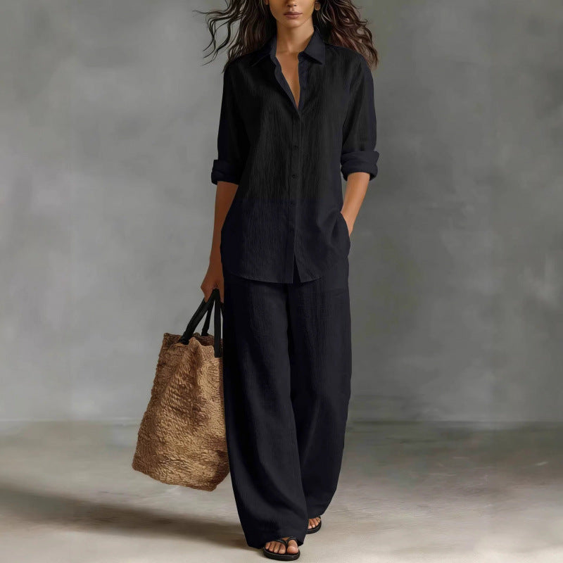 Women Casual Cotton Linen Shirt Pants Set